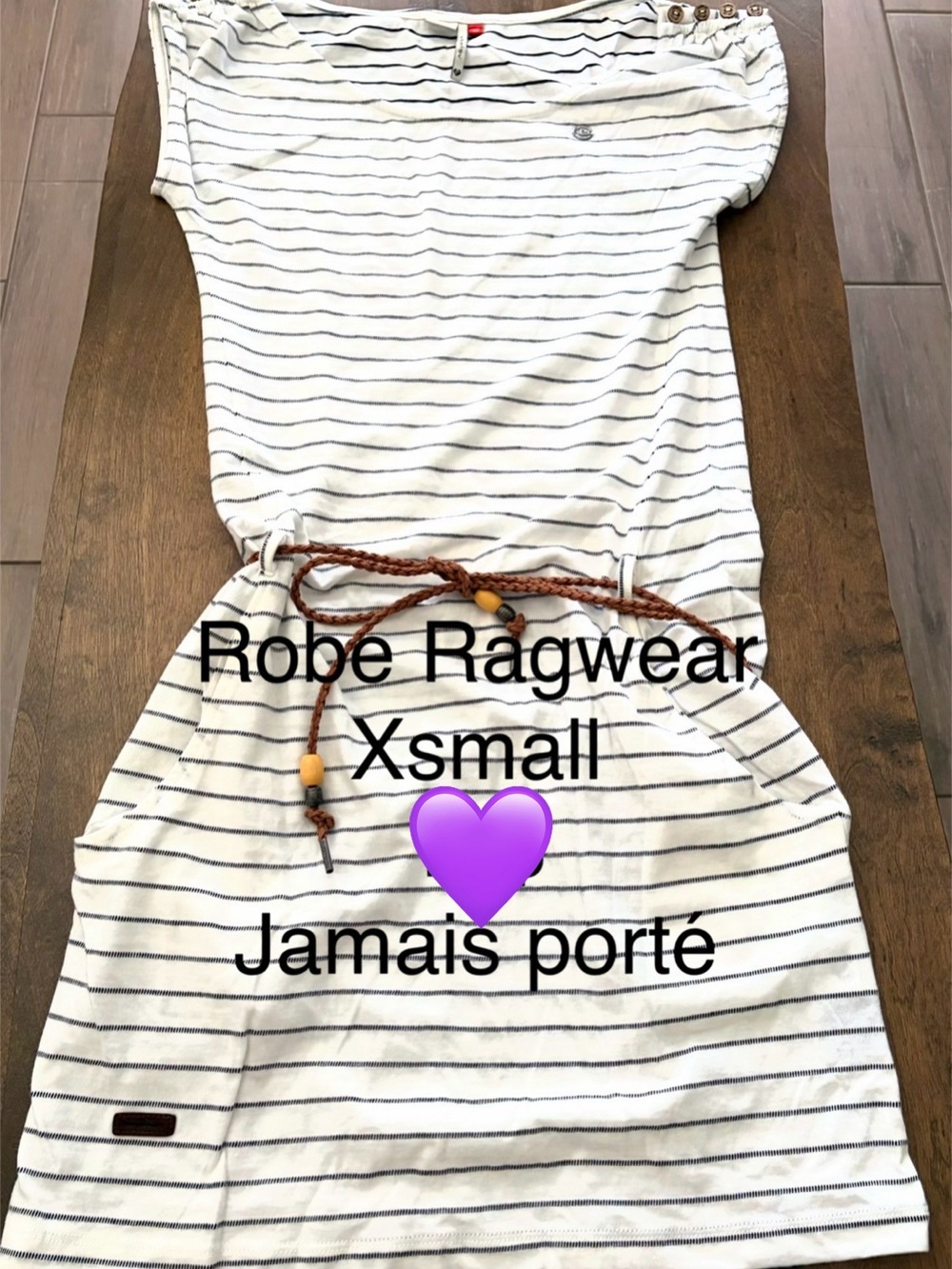 Striped Casual Belted Dress in White and Navy - XS